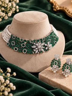 Demi-Fine Emerald Green AD Broad Choker Necklace & Earrings Set