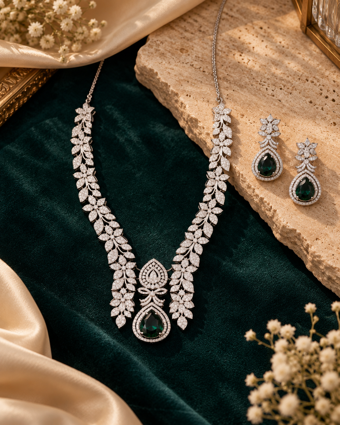 Demi-Fine Emerald Green AD Leaf Design Luxe Necklace & Earrings Set – Platinum Finish