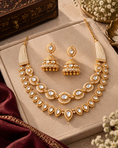 Gold-toned traditional jewelry set with a double-strand necklace and matching earrings, decorated with clear stones and white bead details, displayed on a beige jewelry box with decorative fabric and flowers.