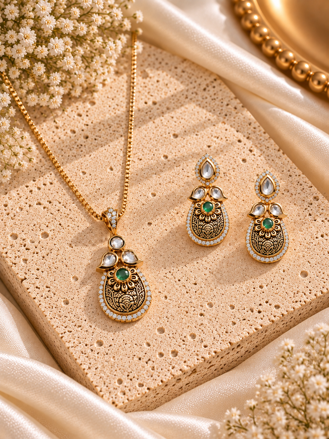 Gold-toned traditional jewelry set featuring a necklace and matching earrings with ornate filigree detailing, green stone accents, and clear stones, arranged on a textured beige stone slab with cream satin fabric and dried flowers.