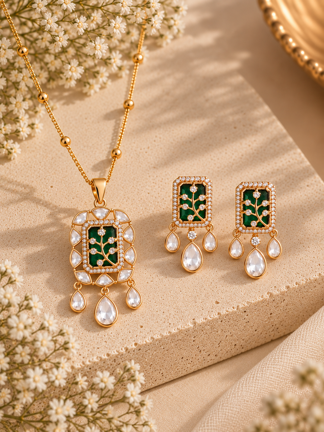 Gold jewelry set featuring a necklace and matching earrings with rectangular green enamel panels, gold floral detailing, and dangling clear teardrop stones, styled on a beige stone surface with small white flowers.