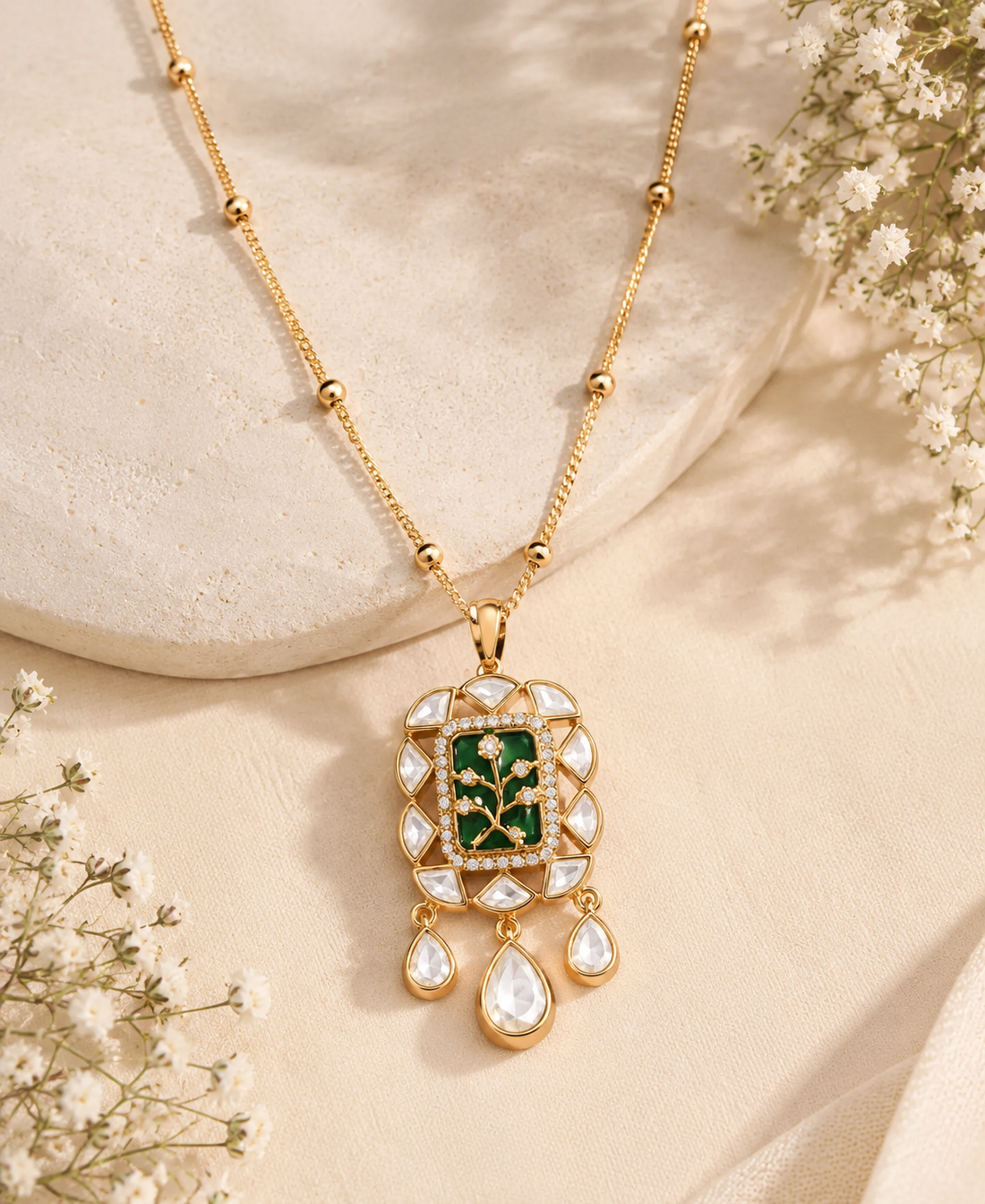 Gold pendant necklace with a green enamel floral center and clear teardrop stones, styled on a beige fabric surface with small white flowers.