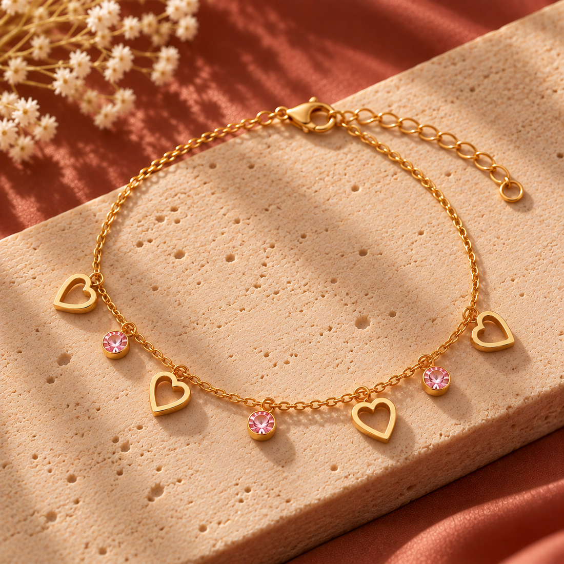 Amaita demi-fine gold open heart and pink crystal dangle charm bracelet