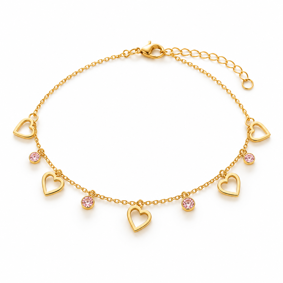 Amaita demi-fine gold open heart and pink crystal dangle charm bracelet