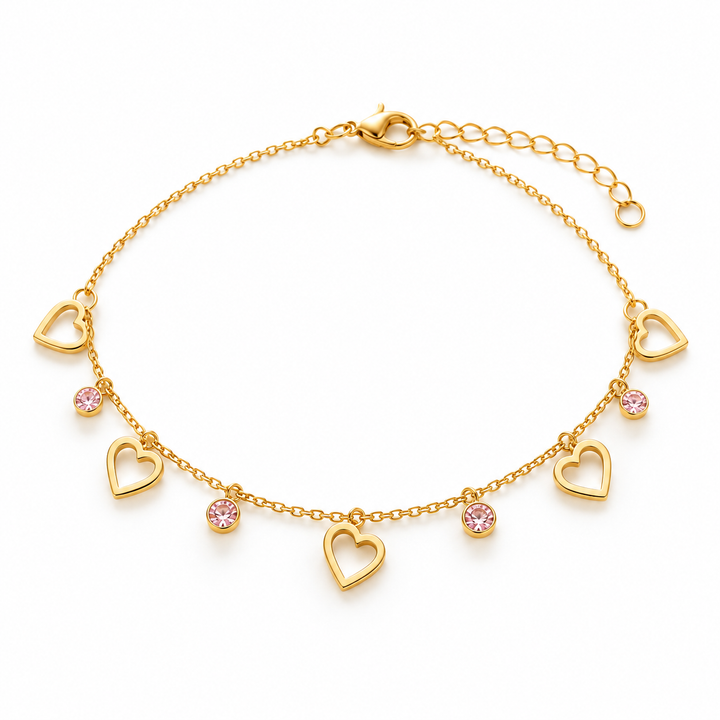 Amaita demi-fine gold open heart and pink crystal dangle charm bracelet