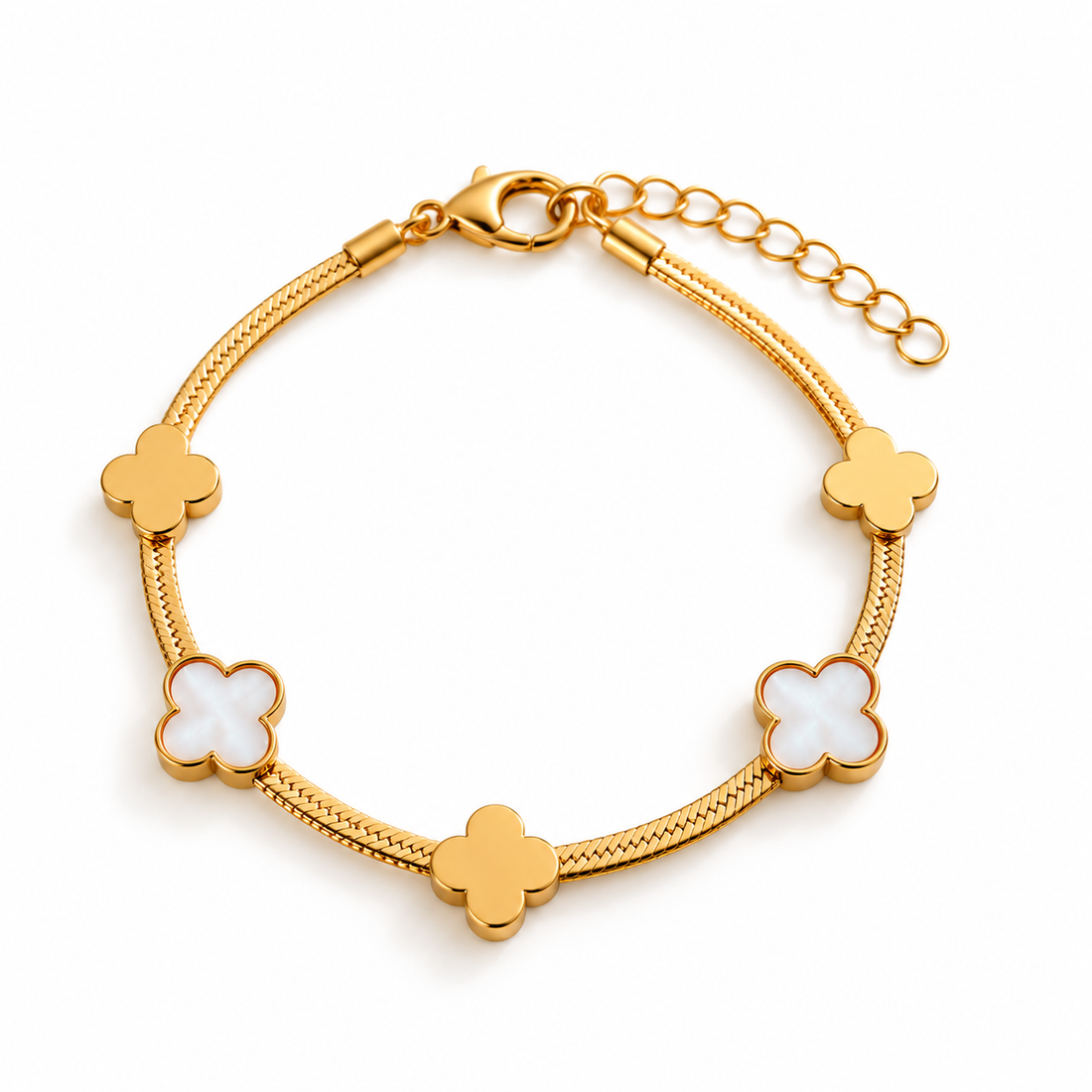 A gold-plated snake chain bracelet featuring five white inlay clover motifs, shown on a clean white background.