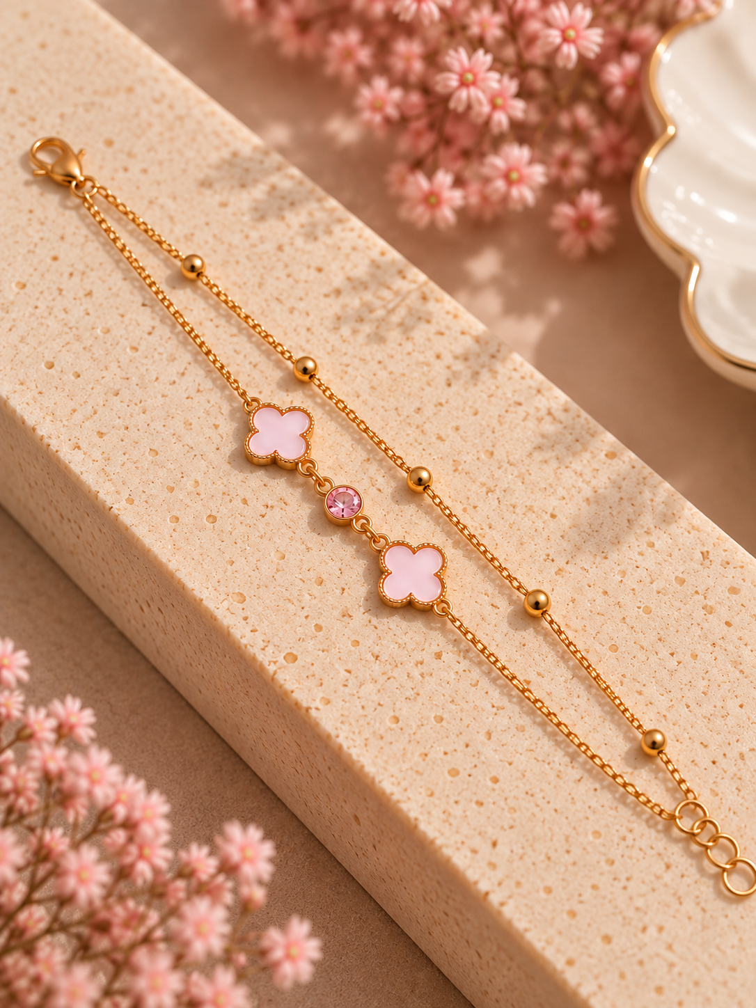 A delicate gold chain bracelet with two pink clover charms and a small pink gemstone, displayed on a textured beige block with pink flowers in the background.