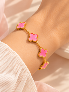 Amaita demi-fine pink enamel five-motif clover charm bracelet with gold finish