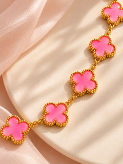 Amaita demi-fine pink enamel five-motif clover charm bracelet with gold finish