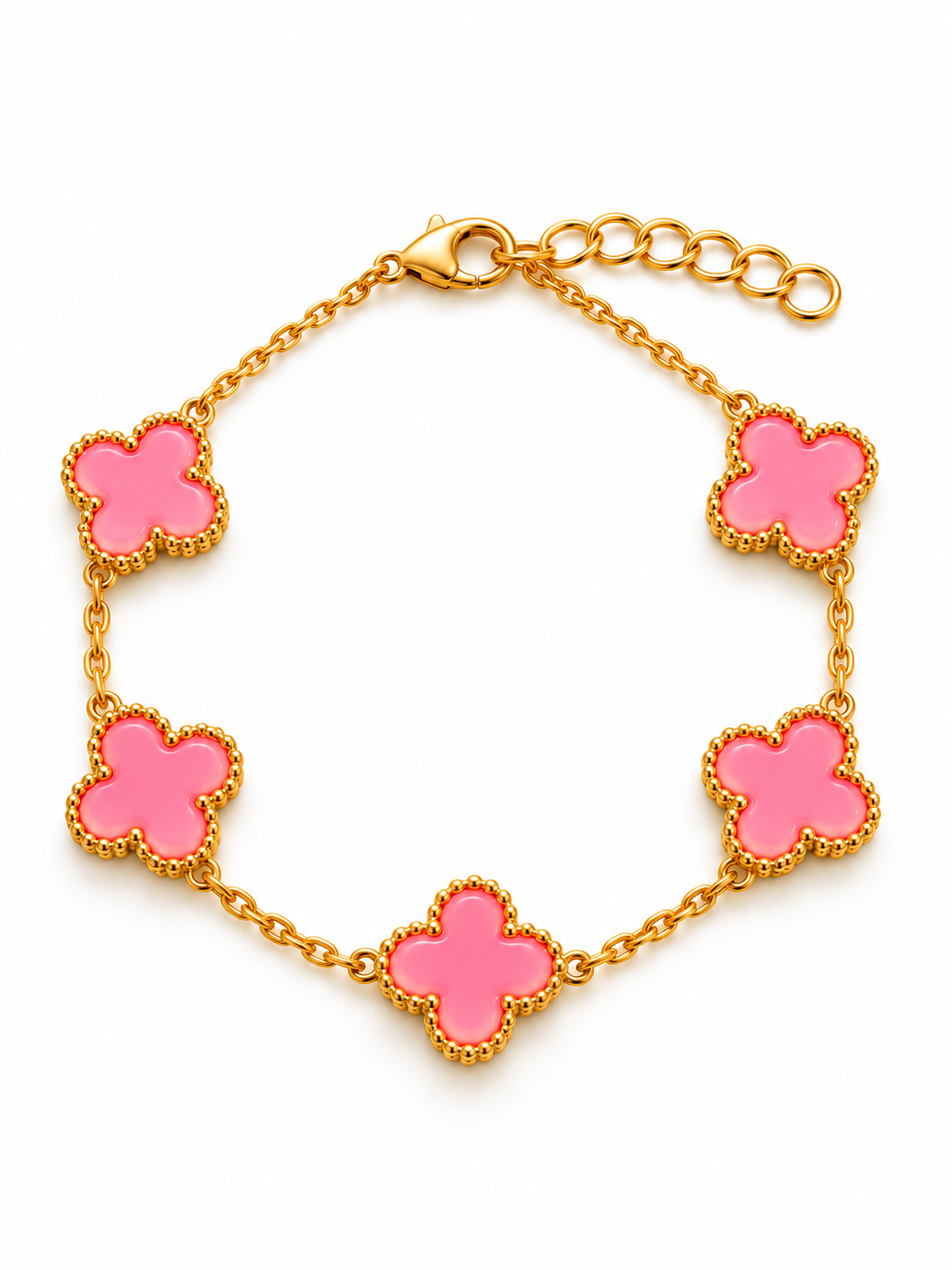 Amaita demi-fine pink enamel five-motif clover charm bracelet with gold finish