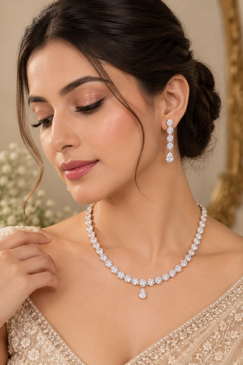A woman wearing a sparkling diamond necklace and matching drop earrings, shown in a close-up portrait. The jewelry is set in a warm-toned indoor setting with soft lighting.