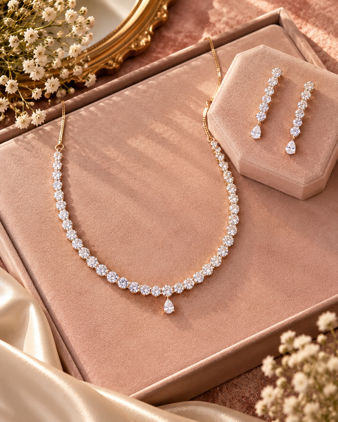 A gold-tone necklace and matching drop earrings set with clear stones, displayed on blush pink jewelry boxes with decorative dried flowers and satin fabric around them.