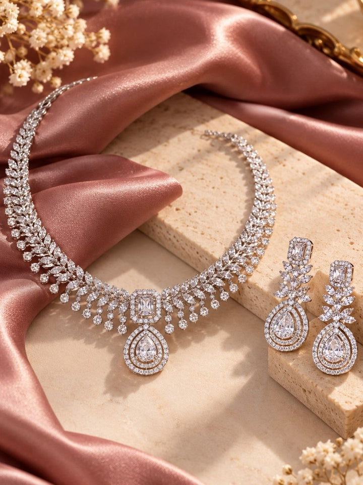 Demi-Fine Silver-White AD Necklace & Earrings Set – Platinum Finish
