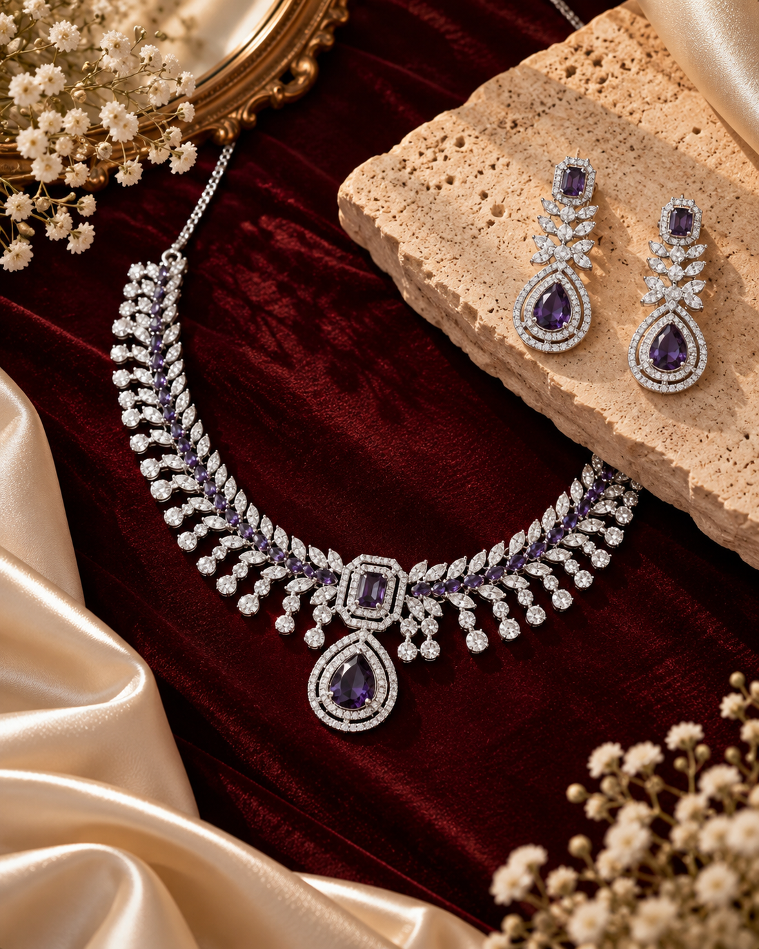 A luxury jewelry set featuring a silver-toned necklace and matching drop earrings with deep purple teardrop gemstones and clear pavé accents, styled on a dark red velvet background with beige silk, a stone slab, and dried flowers.