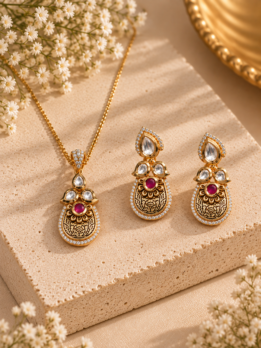 Gold-toned jewelry set with a pendant necklace and matching drop earrings, decorated with clear stones and red gem accents, arranged on a beige textured block with small white flowers.