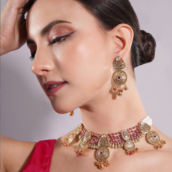 Amaita Gold Finish Polki Kundan Ruby Beaded Choker Set