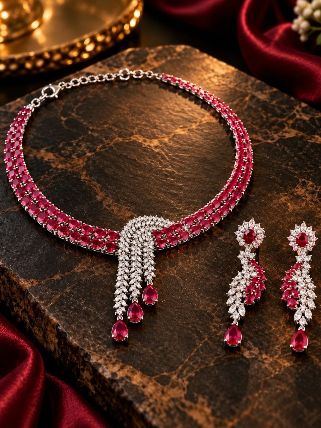 Ruby AD Double-Line Curved Leaf Necklace & Earrings Set – Platinum Polish