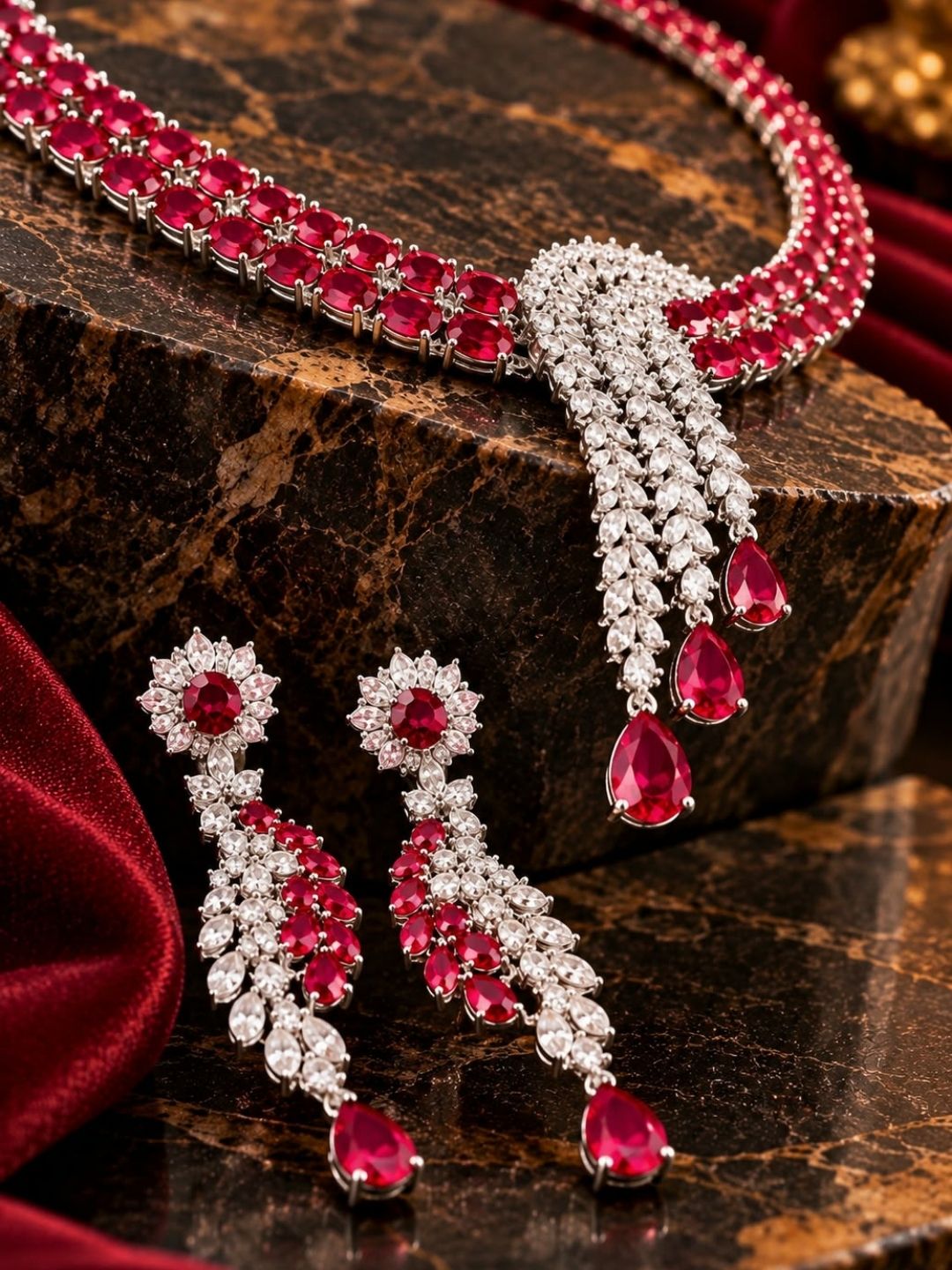Ruby AD Double-Line Curved Leaf Necklace & Earrings Set – Platinum Polish