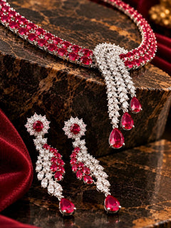 Ruby AD Double-Line Curved Leaf Necklace & Earrings Set – Platinum Polish